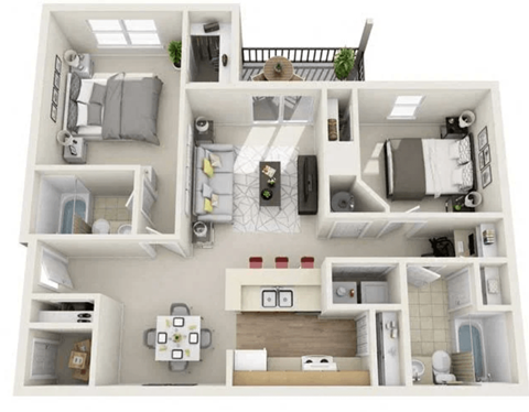 Floor plan for 2 beds, 2 baths, 978 sqft